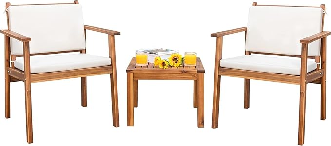 Devoko Patio Set 3 Piece Acacia Wood Outdoor Furniture Conversation Seat with Table & Cushions Porch Chairs for Balcony, Deck, Backyard