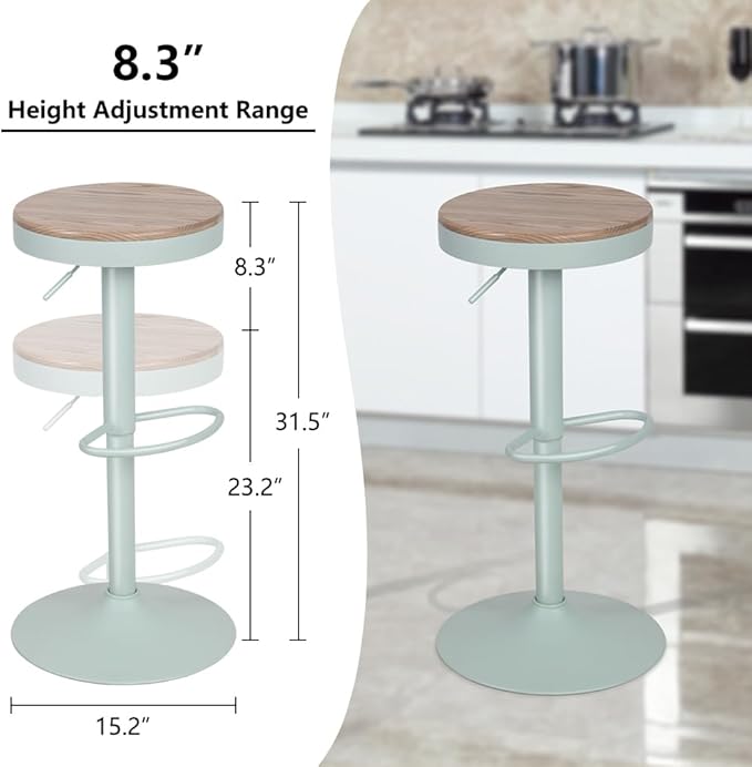 Kidol & Shellder Bar Stools Set of 2 Round Adjustable Swivel Barstools Modern Backless Bar Chairs Wooden Seat Counter Height Stools Armless for Kitchen Island, Cafe, Dining Room (Mint Green)