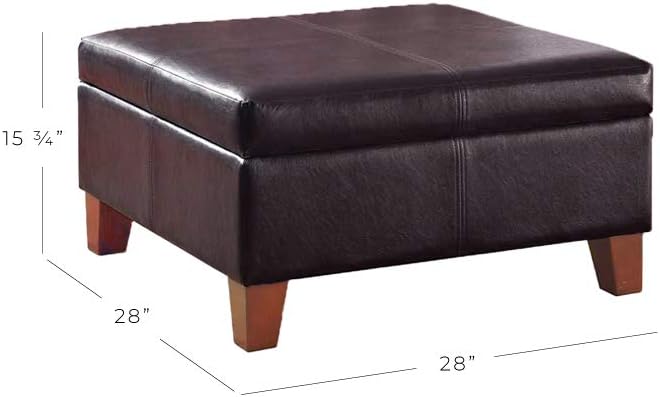 HomePop Faux Leather Square Storage Ottoman with Wood Legs, Distressed Brown