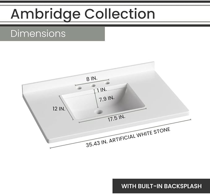 Hanover Ambridge 36'' Vanity Cabinet with Sink Combo for Bathroom, Powder Room | Pre-Assembled Cabinet | 1 Door, 3 Drawers | Artificial Stone Countertop, Gray Cabinet