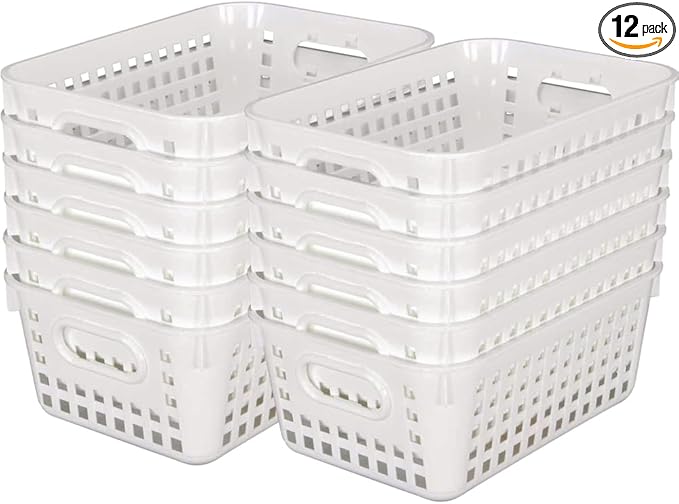 Really Good Stuff Medium Plastic Book Baskets, 11" by 7.5" by 4.5" - 12 Pack, White, Versatile Storage Solution for Classroom, Home and Office, Toy Storage, Multi-Purpose Organizer Basket