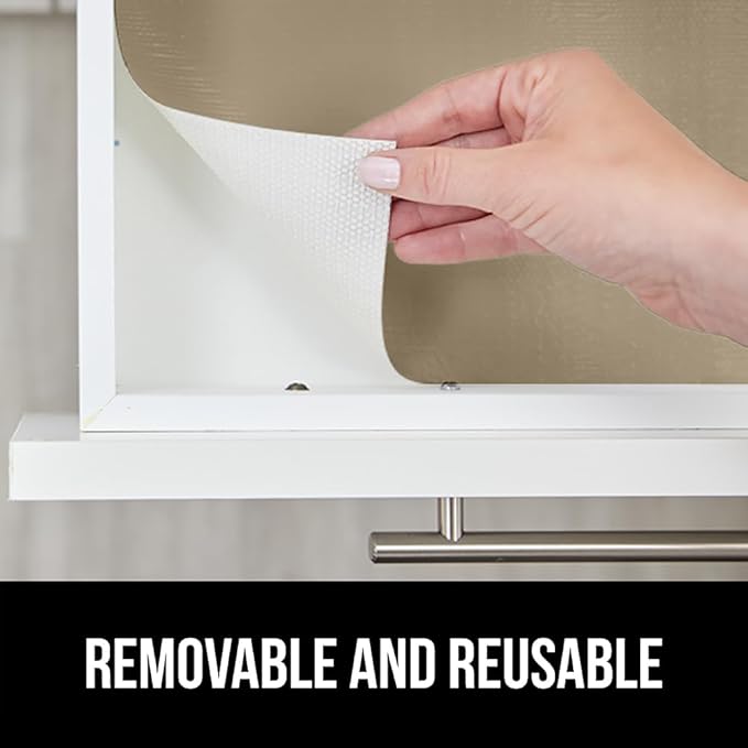 GORILLA GRIP DripGuard Shelf Liner, Non Adhesive Drawer and Kitchen Cabinet Protector, Slip Resistant BPA Free Smooth Surface Plastic Liners for Cabinets, Bathrooms, Closets, 17.5x240 Inch, Beige