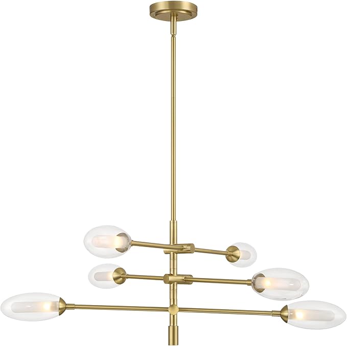 Possini Euro Design Evelyn 33" Modern Chandelier Ceiling Light Fixture Dining Room Over Table Kitchen Island Foyer Sputnik Hanging 6-Light LED Dimmable Brushed Gold Finish Glass Hallway Large