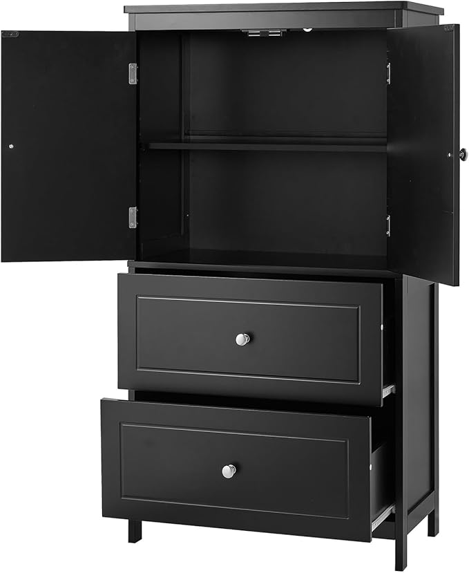 Polibi 43.3" H Storage Cabinet with 2 Doors, 2 Drawers, Adjustable Shelf, Wooden Linen Cabinet for Bathroom, Office, Kitchen, Black
