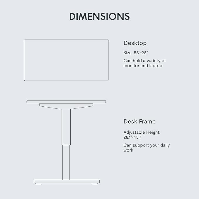 FLEXISPOT EN1 Whole-Piece Standing Desk, 55 x 28 Inches Electric Stand Up Desk for Workstation and Home Office (Black Frame + 55" White Top, 2 Packages)