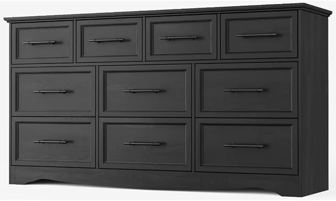 Black Farmhouse Dresser for Bedroom, 59" Wide Chest of Drawers with Brushed Metal Handle, 10 Chest of Drawers, Wood Closet Organizers and Storage Cabinet for Bedroom, Living Room, Hallway