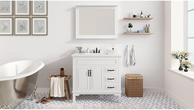 Hanover 36 Set Includes w, White Lanesboro 36'' Vanity Sink Combo for Bathroom, Powder Room | Pre-Assembled 2 Doors, 3 Drawers | Accent Mirror | Artificial Stone Countertop, Cabinet, 36 inches