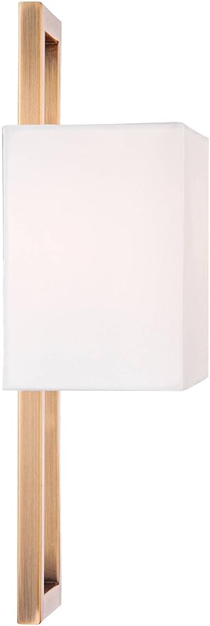 Possini Euro Design Modena Modern Wall Light Sconces Set of 2 French Brass Gold Hardwired 9 1/2" Fixture Off-White Faux Silk Half Shade for Bedroom Bathroom Vanity Living Room Home Hallway Dining
