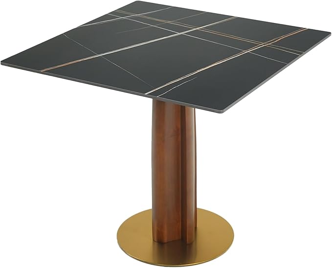 Sintered Stone Square Office Table and Chair Set - Meeting Table for Small Offices (Walnut‌ Leg and Black Top, 1 Table and 2 Chairs)