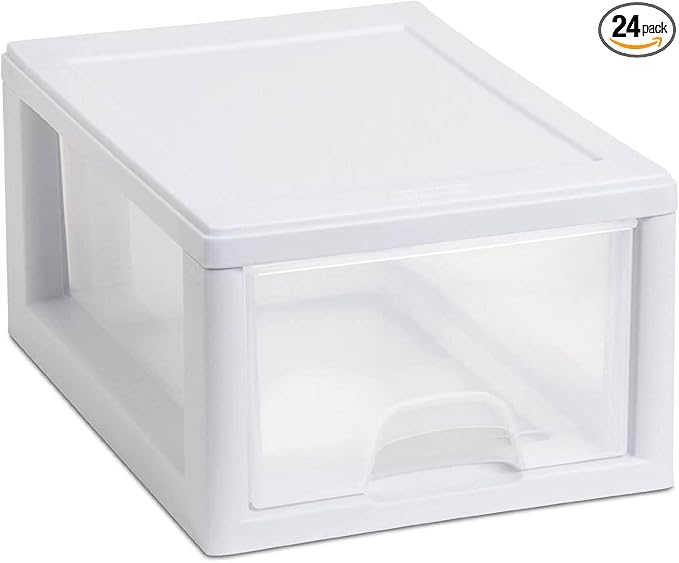 Sterilite 24-Pack 6 Quart Stacking Drawer, Clear Storage Closet Organizer, White Frame - Stackable Modular Plastic Drawers for Clothes, Accessories, Craft Supplies, Shoes or Linens