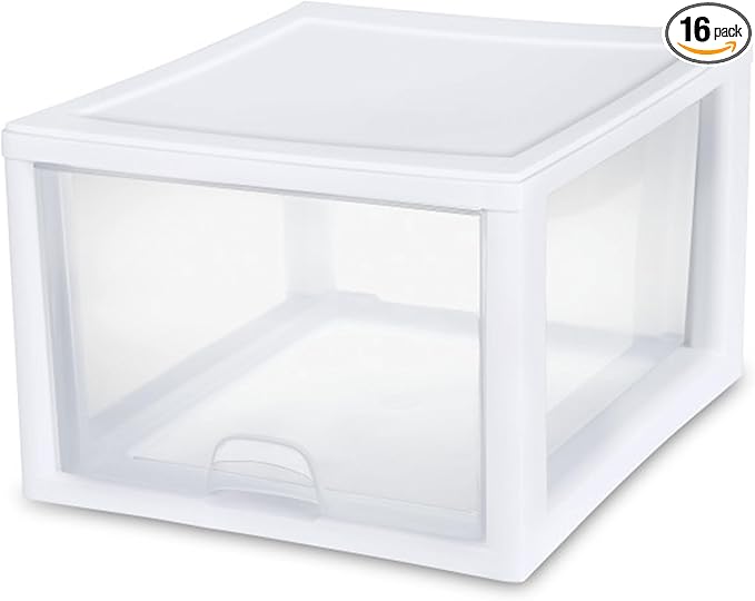 Sterilite 16-Pack 27 Quart Stacking Drawer, Clear Storage Closet Organizer, White Frame - Stackable Modular Plastic Drawers for Clothes, Accessories, Craft Supplies, Shoes or Linens