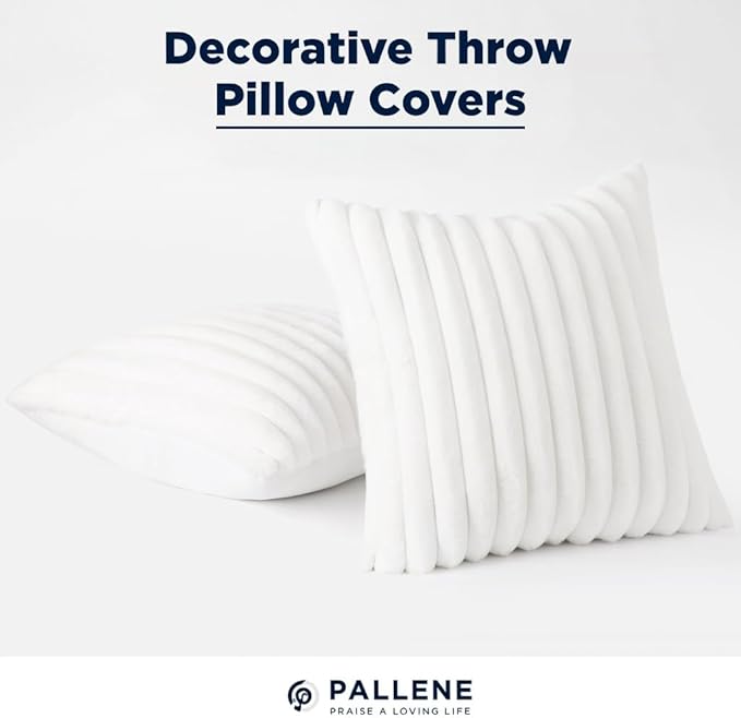 Pallene Faux Fur Plush Throw Pillow Covers 24x24 Set of 2, Luxury Soft Fluffy Striped Decorative Pillow Covers for Sofa, Couch, Living Room, White