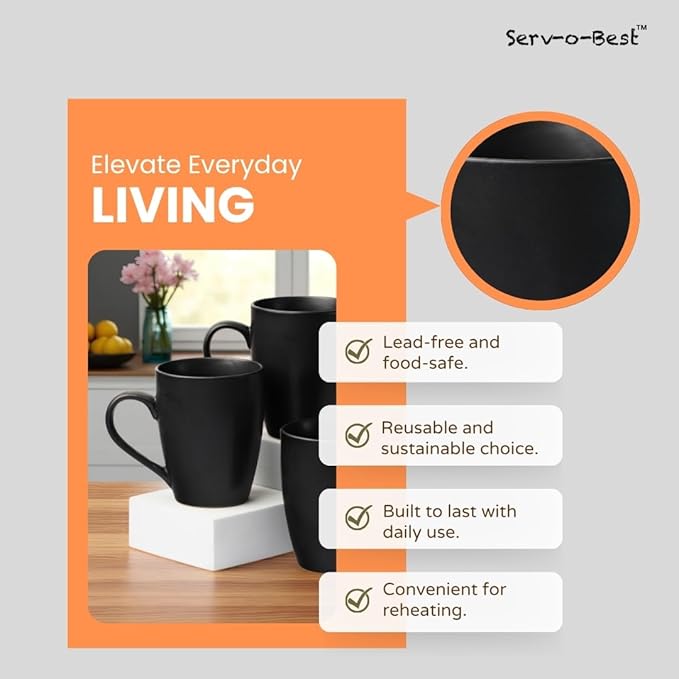Servo Best Black Coffee Mug Set of 6 with 12 oz Capacity Ceramic Matte Black Mugs, Lead & Toxic Free, Dishwasher & Microwave Safe, Mug Gifts For Home & Office Party, Hot & Cold Coffee