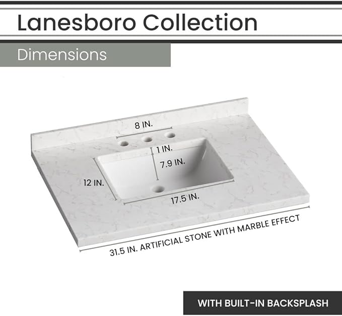 Hanover 31 Set Includes w, White Lanesboro 31'' Vanity Sink Combo for Bathroom, Powder Room | Pre-Assembled 1 Door, 3 Drawers | Accent Mirror | Artificial Stone Countertop, Cabinet, 31 inches