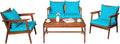 COSTWAY 4 Pieces Acacia Wood Patio Conversation Set, Outdoor Wicker Sofa with Coffee Table & Cushions, Patio Rattan Furniture Set for Yard, Porch, Poolside, Balcony, Backyard, Turquoise