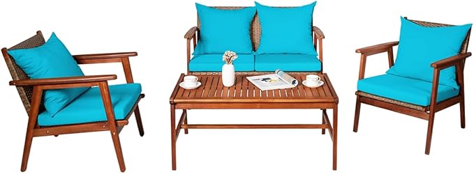 COSTWAY 4 Pieces Acacia Wood Patio Conversation Set, Outdoor Wicker Sofa with Coffee Table & Cushions, Patio Rattan Furniture Set for Yard, Porch, Poolside, Balcony, Backyard, Turquoise