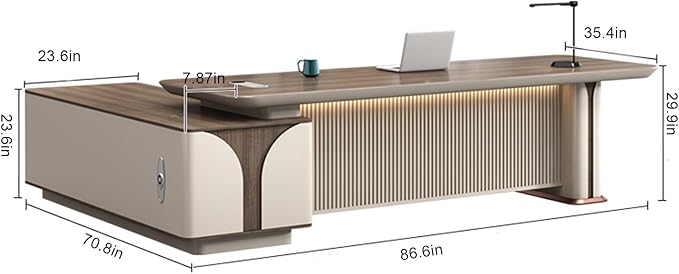 86IN L Shaped Executive Desk - Executive Office Desk with Side Cabinet & Grille Front Baffle & Embedded LED Strip & Mechanical Password Lock & Double-Layer Countertop & Gold Foot Pad