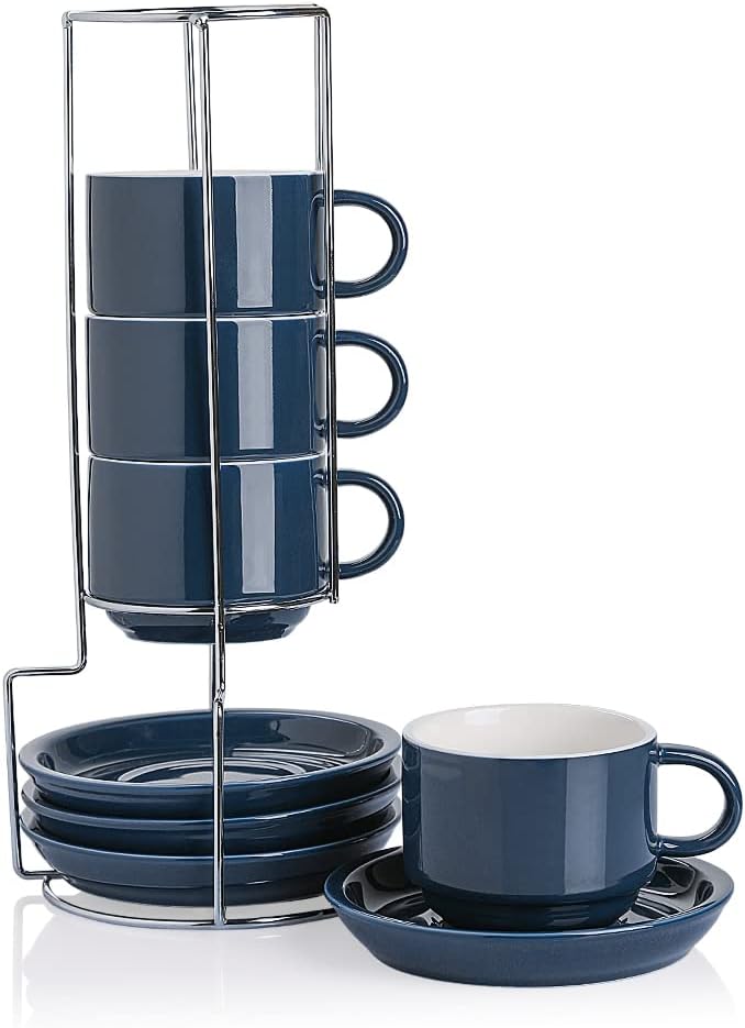 Sweejar Porcelain Cappuccino Cups with Saucers and Metal Stand, 8 Ounce Stackable Espresso Cups for Specialty Coffee Drinks, Latte, Americano, Tea - Set of 4 (Navy)