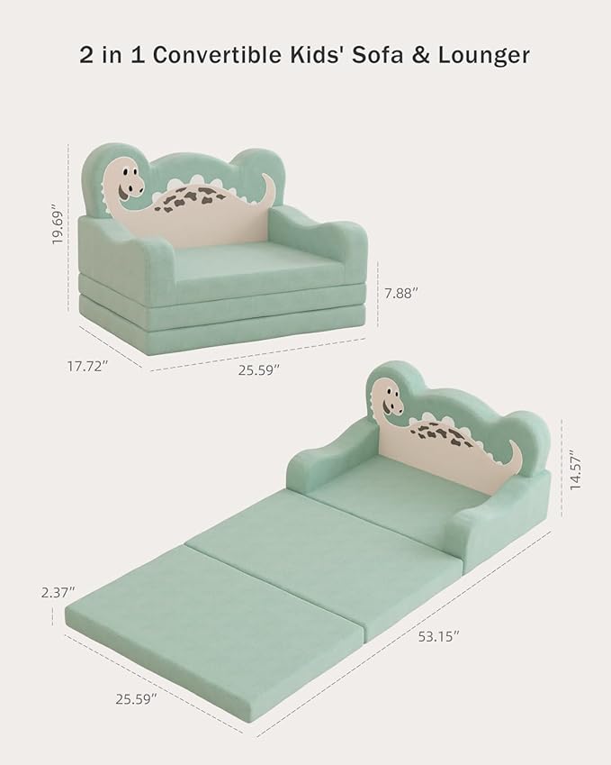 YACODAVO 2-in-1 Kids Couch Fold Out, Convertible Toddler Couch to Lounger, Toddler Chair Comfy, Kids Sofa for Girls and Boys, Gift for Birthday, Children's Day, Dinosaur Green