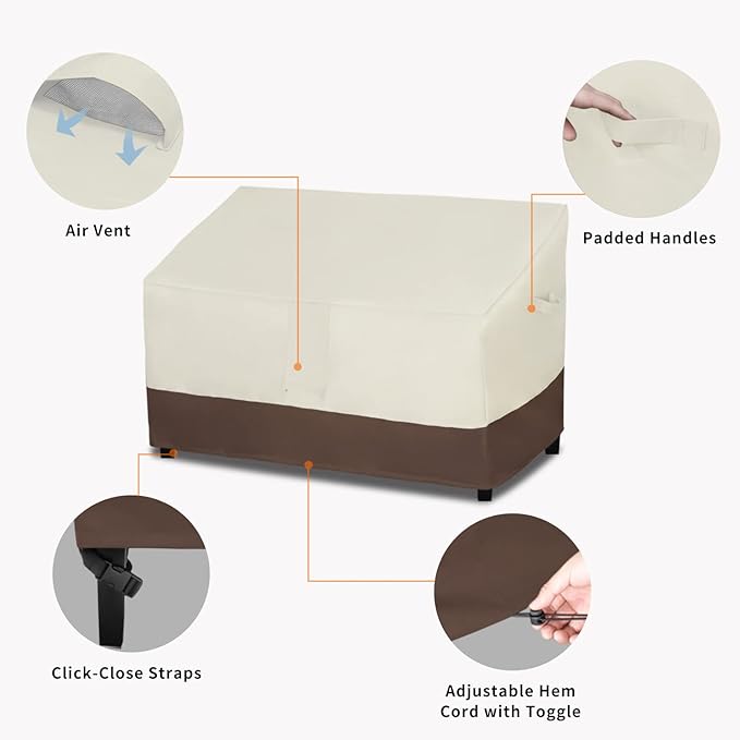 Easy-Going Waterproof Outdoor Couch Cover, Heavy Duty 3-Seater Patio Sofa Cover, Winchdproof Outdoor Furniture Cover with Air Vent (62Wx40Dx33H inch, Beige/Dark Brown)