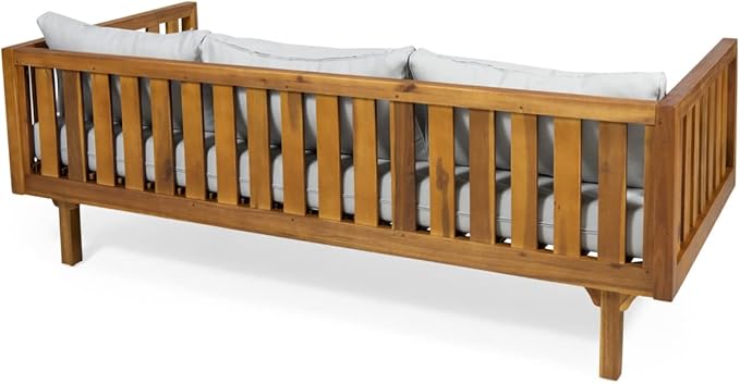 Christopher Knight Home Tina Outdoor 3 Seater Acacia Wood Daybed, Teak Finish, Light Grey
