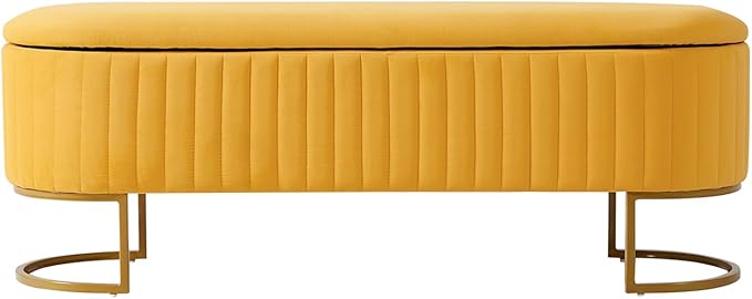 EcoHarbor Living 50.5" Bedroom Velvet Storage Bench,Upholstered End of Bed Bench with Gold Legs,Entryway Footrest Seat, Mustard