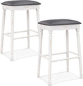 COSTWAY Upholstered Bar Stools Set of 2, 29-Inch Backless Counter Height Dining Stools with Delicate Wood Carving, Footrest, Solid Rubber Wood Frame, Farmhouse BarStools for Kitchen Island Bar, White