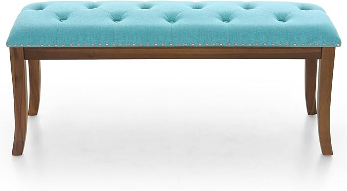 MFSTUDIO 44" Vintage Tufted Entryway Bench, Extra Large Memory Foam Upholstered Wood Ottoman Bench Dining Bench, Rectangle Tufted Fabric Bench for Living Room Hallway, Light Blue Cushion
