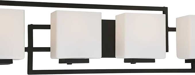 Possini Euro Design Modern Wall Light Black Hardwire 29" 4-Light Fixture Opal White Rectangular Geometric Glass Shade for Bedroom Bathroom Bedside Vanity Living Room Home Mirror Hallway Dining