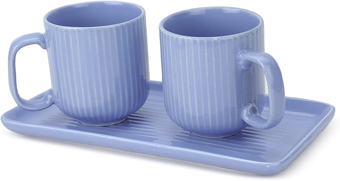 Ceramic Coffee Mugs with Handle Set – 2-Piece 11 Oz Ceramic Coffee Cups & 9" Tray, Handmade Cornflower Blue Color, Microwave Safe Gift Set for Tea Lovers, Home Kitchen Décor