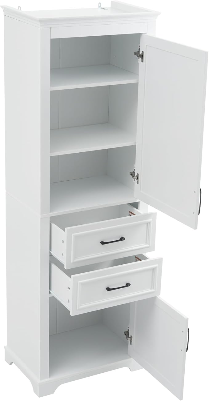 Tall Freestanding Storage Cabinet with 2 Doors & 2 Drawers, Multi-Purpose Organizer with Adjustable Shelf for Bathroom, Office, Living Room, White