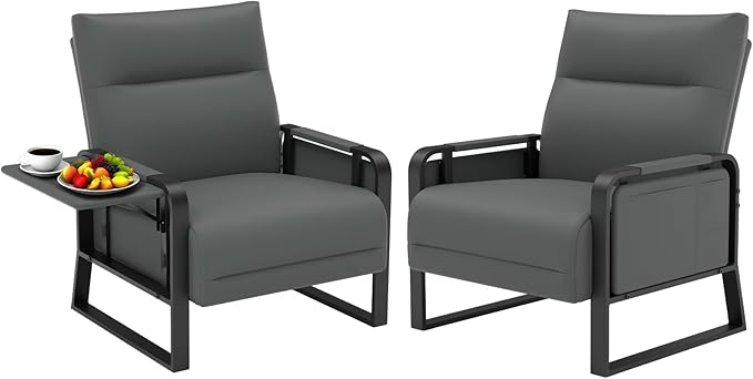Faux Leather Accent Chairs Set of 2 with Flip Up Tray Tables Soft Backrest for Living Room Office Bedroom Modern Accent Chairs, Gray