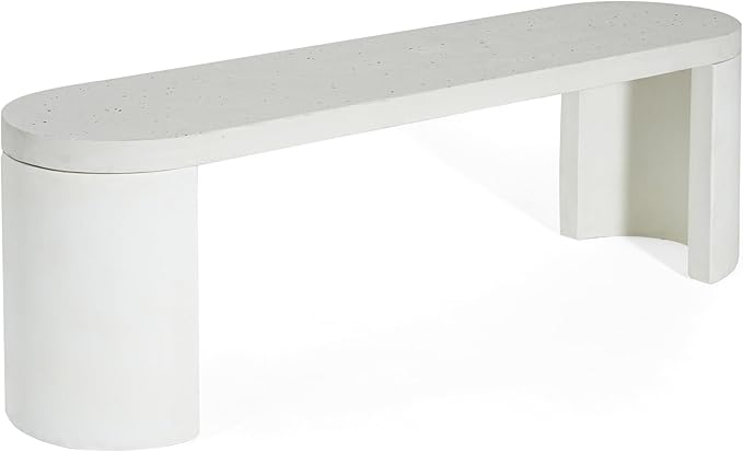 Christopher Knight Home Zigg Durable Concrete Outdoor Dining Set with Stylish Terrazzo Finish, Patio Dining Table with Bench, Oval Outdoor Patio Furniture Set with Pedestal Base, White