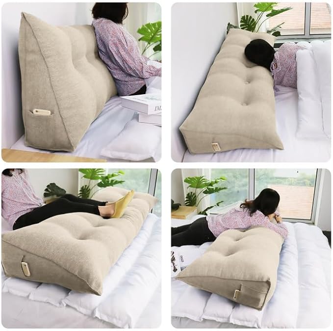 WOWMAX 85% Linen 15% Cotton Blend Headboard Pillow – King Size Reading Wedge Backrest for Bed, Handmade Firm Support Bolster Cushion with Removable Cover, Premium Bed Rest Pillow, Natural Color