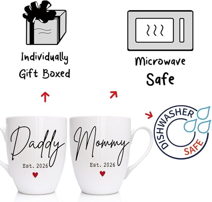 Dnuiyses EST 2026 New Daddy Mommy Mugs Set Gift for New Parents, First Time Dad Mom 2026 Gifts, Baby Reveal Pregnancy Announcement Mug Gift for Parents to be Gifts