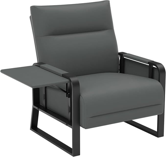 Faux Leather Accent Chair with Flip Up Tray Table Soft Backrest Side Pocket for Living Room Office Bedroom Leather Accent Chair, Gray