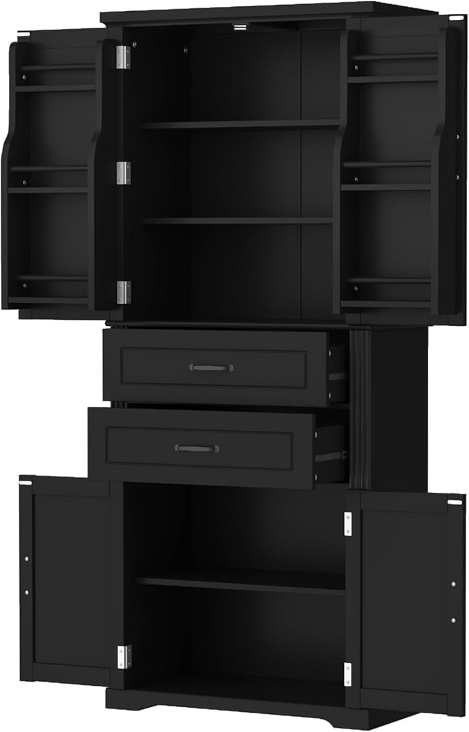 Tall Storage Cabinet, Bathroom Floor Freestanding Storage Cabinet with 2 Doors, Adjustable Shelf, and 2 Drawers for Bathroom, Office, Living Room, MDF Board, Black
