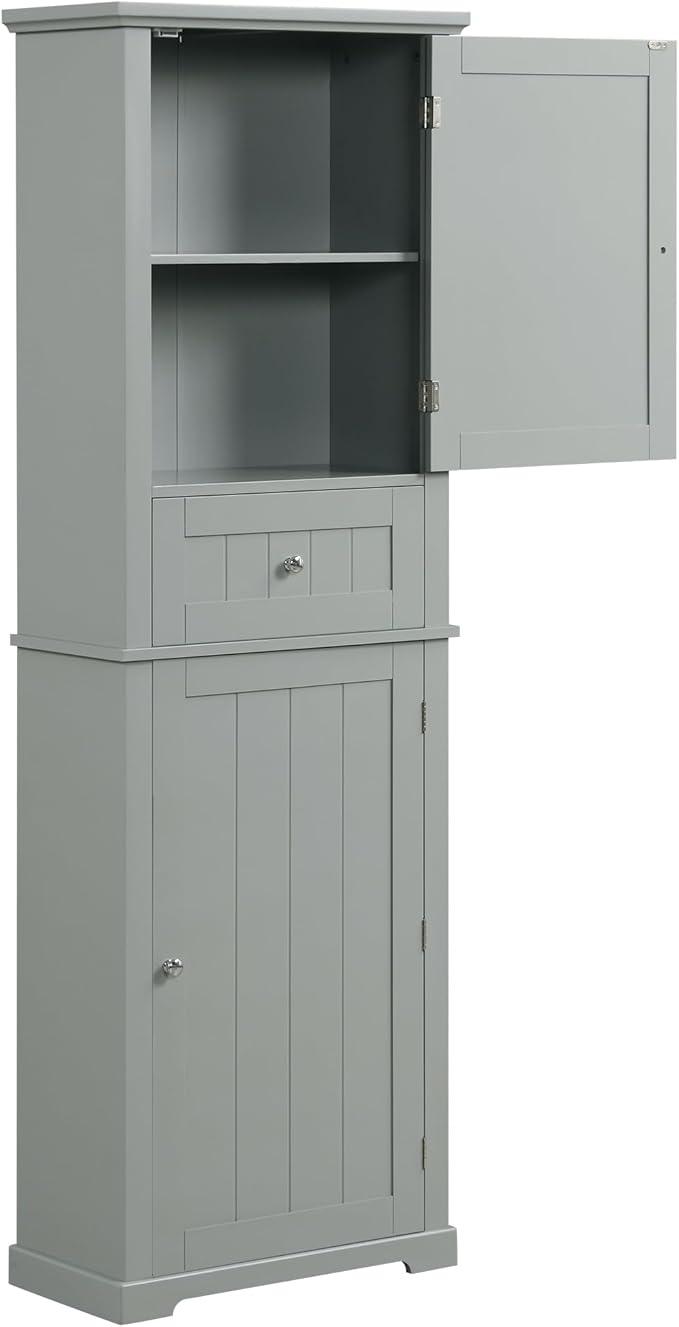 Tall Storage Cabinet, Bathroom Floor Freestanding Storage Cabinet with 2 Doors, One Drawer, and Adjustable Shelf for Bathroom, Office, Living Room, Grey