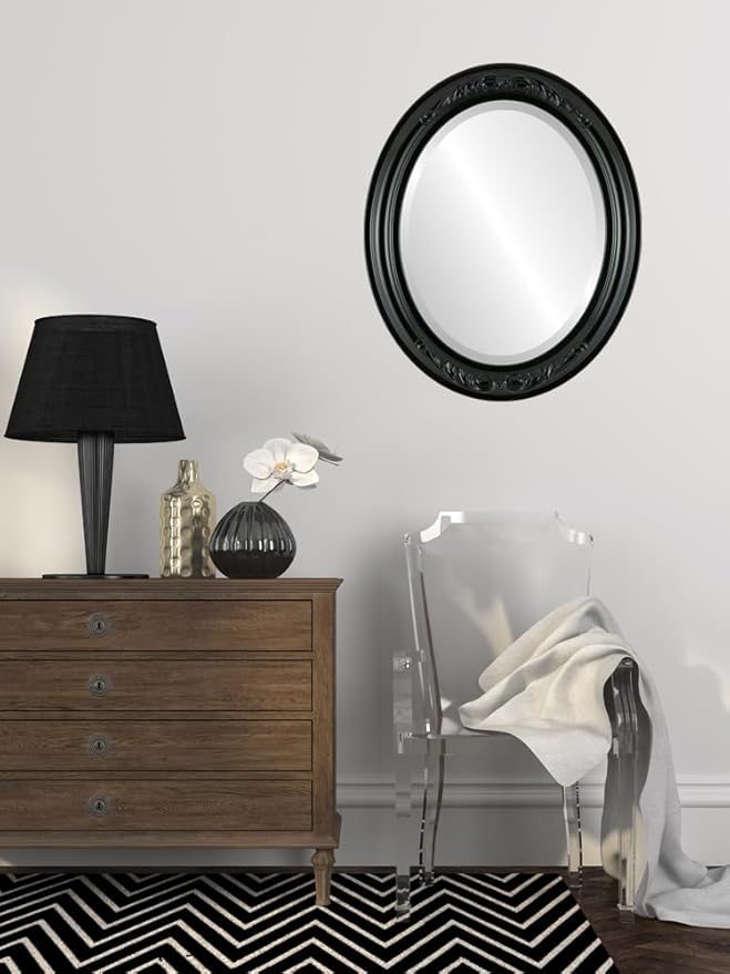 OVALCREST Oval Beveled Wall Mirror for Home Decor - Florence Style - Gloss Black - 44" x 34"
