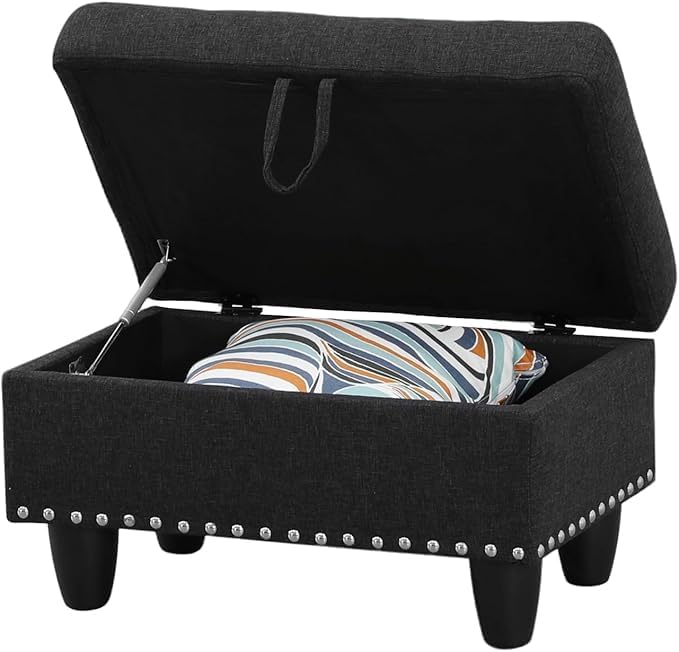 Linen Fabric Storage Ottoman with Nailhead Trim, 28.5"X19.5"X17.5" Footrest Stool, Hidden Storage Foot Stool for Living Room, Bedroom Furniture, Dark Grey