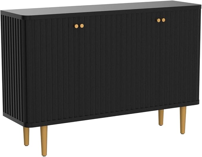 HLR Sideboard Buffet Cabinet, 48" Modern Accent Cabinet with 4 Door and Removable Shelves, Credenza with Storage for Living Room, Dinning Room, Entryway, Black