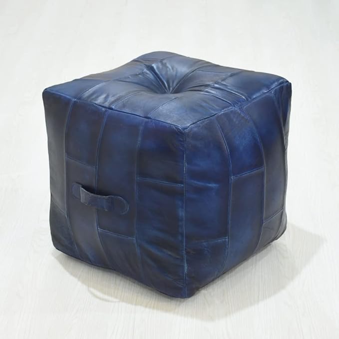 Handmade Eco-Friendly Geometric Leather Pouf Vintage Blue Color Square 14" x 14" x 14" Buffalo Leather Pouf for Living Room, Bedroom Seating, Patio