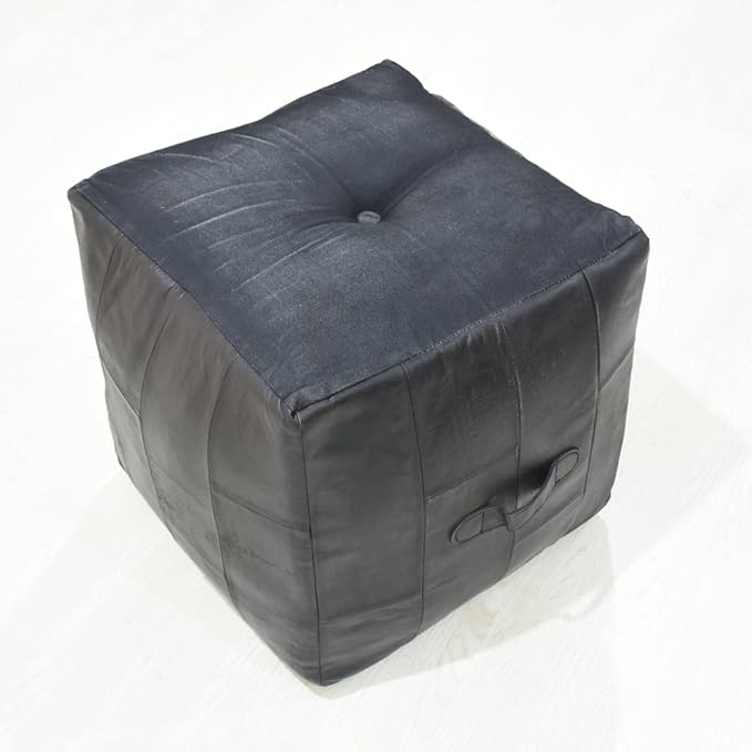 Handmade Eco-Friendly Geometric Leather Pouf Black Color Square 18" x 18" x 18" Buffalo Leather Pouf for Living Room, Bedroom Seating, Patio