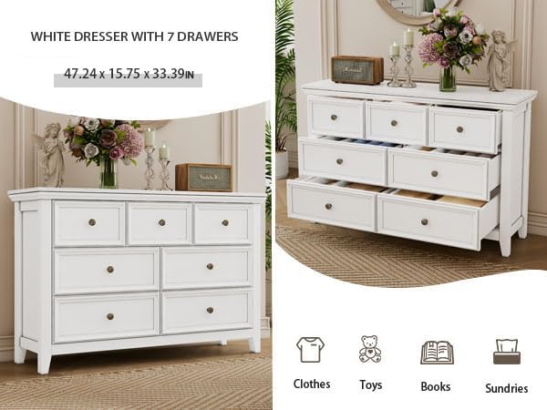 BLANKSPACE White 7 Drawer Dresser, Modern Dresser for Bedroom, Wood Drawer Organizer with Metal Knobs, Large Capacity Wood Cabinet for Bedroom, Hallway