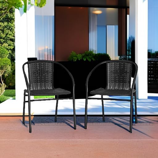 EMMA + OLIVER Set of 2 Modern Rattan Indoor/Outdoor Stack Chairs, Stacking Rattan Patio Chairs with Curved Back and Cross Bracing, Black