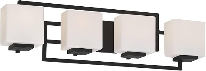 Possini Euro Design Modern Wall Light Black Hardwire 29" 4-Light Fixture Opal White Rectangular Geometric Glass Shade for Bedroom Bathroom Bedside Vanity Living Room Home Mirror Hallway Dining