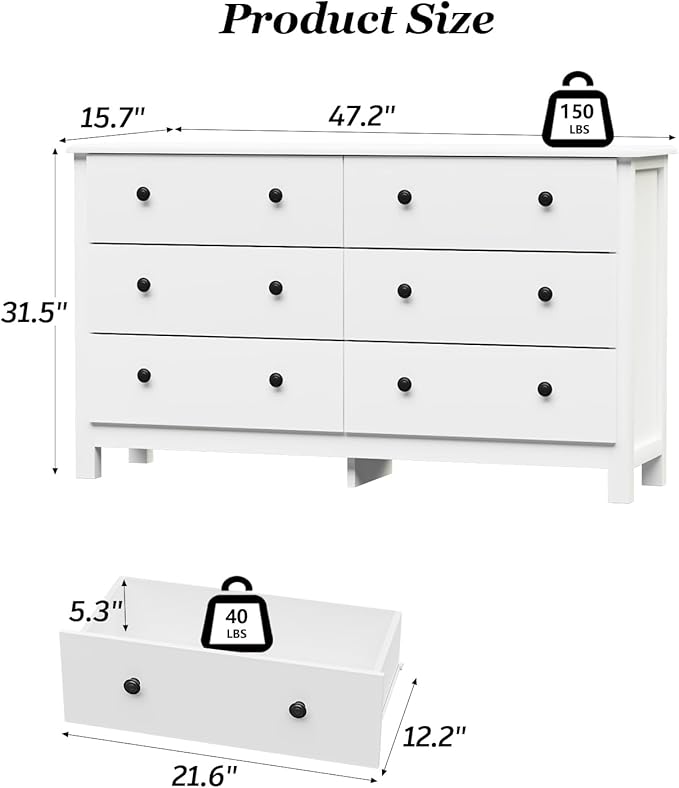 White Dresser, Modern 6 Drawer Double Dresser for Bedroom with Black Knobs, Adults & Kids Wide Dressers & Chests of Drawers for Hallway, Entryway