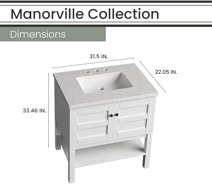 Hanover Manorville 31'' Vanity Cabinet with Sink Combo for Bathroom, Powder Room | Pre-Assembled Cabinet | 2 Doors, Bottom Shelf | Artificial Stone Marble Countertop, White Cabinet | HANVN0101-31-1WH
