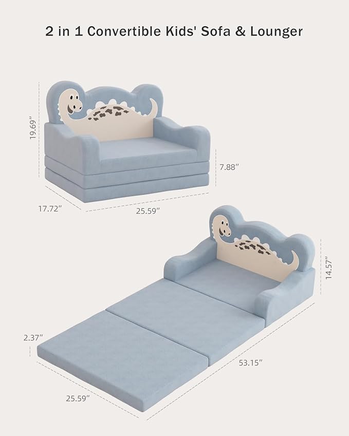 YACODAVO 2-in-1 Kids Couch Fold Out, Convertible Toddler Couch to Lounger, Toddler Chair Comfy, Kids Sofa for Girls and Boys, Gift for Birthday, Children's Day, Dinosaur Blue