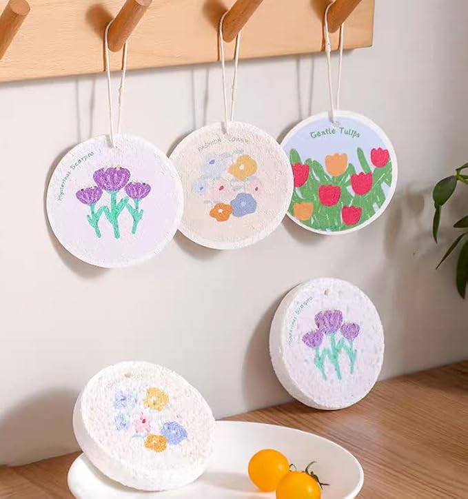 Flower-Shaped Wood Pulp Sponge Scrubber, sponges Kitchen– Dual-Sided Natural Dish Sponge,sponges for Dishes, Eco-Friendly, Quick-Drying, Gentle on Non-Stick Pans (9.3×1.8cm) (12pcs)
